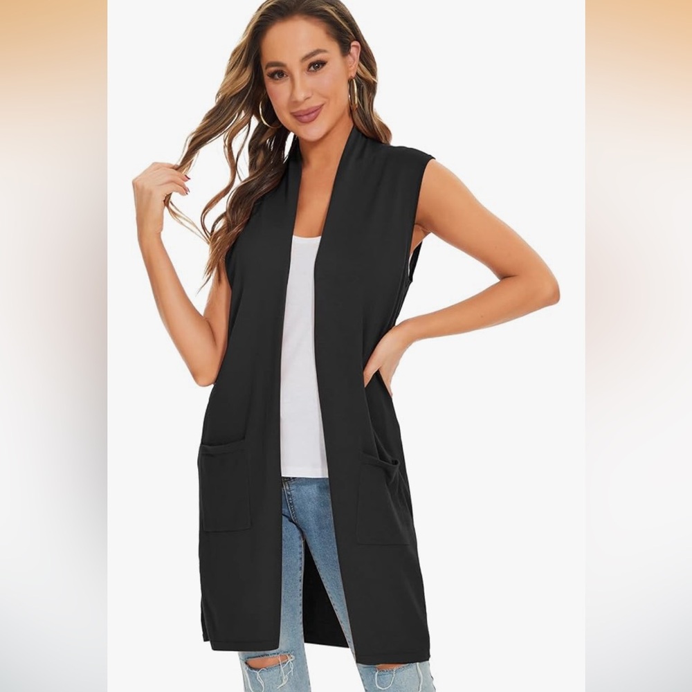 Black Sleeveless Open Front Vest